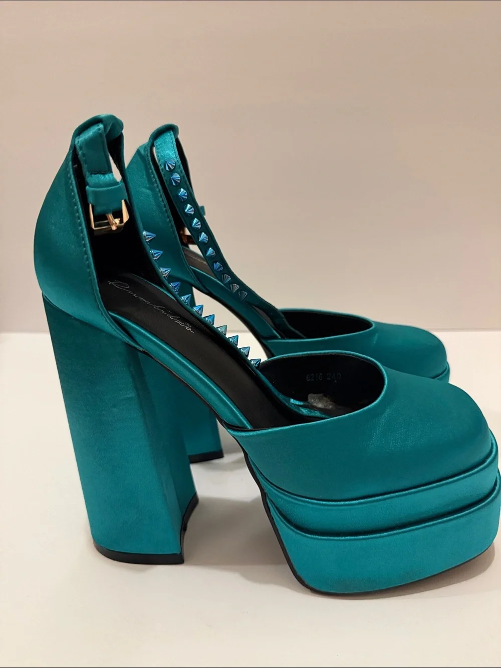 Satin Teal Platform Pumps with Ankle Strap